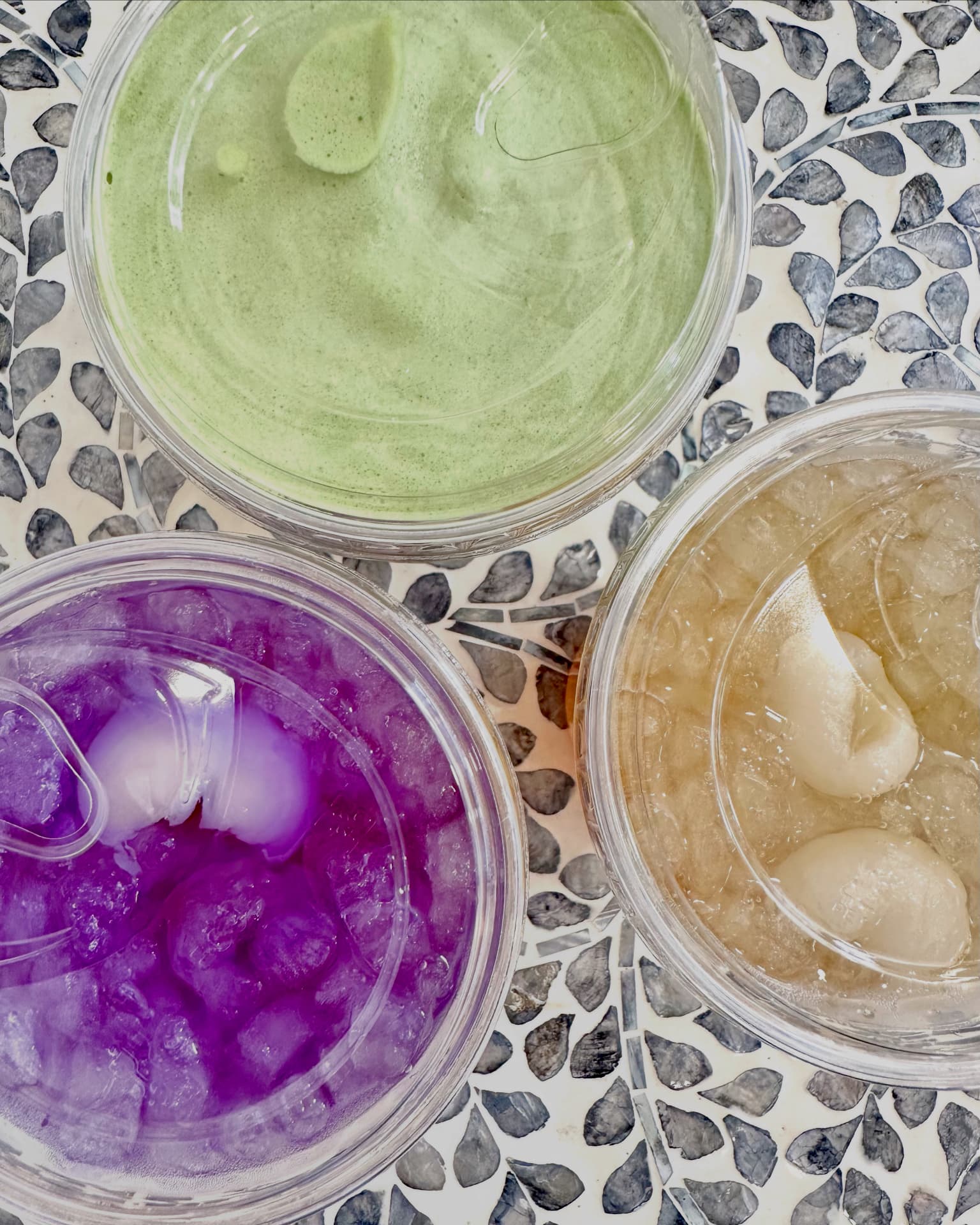 Matcha, lychee lavender and wintermelon drinks from Drip